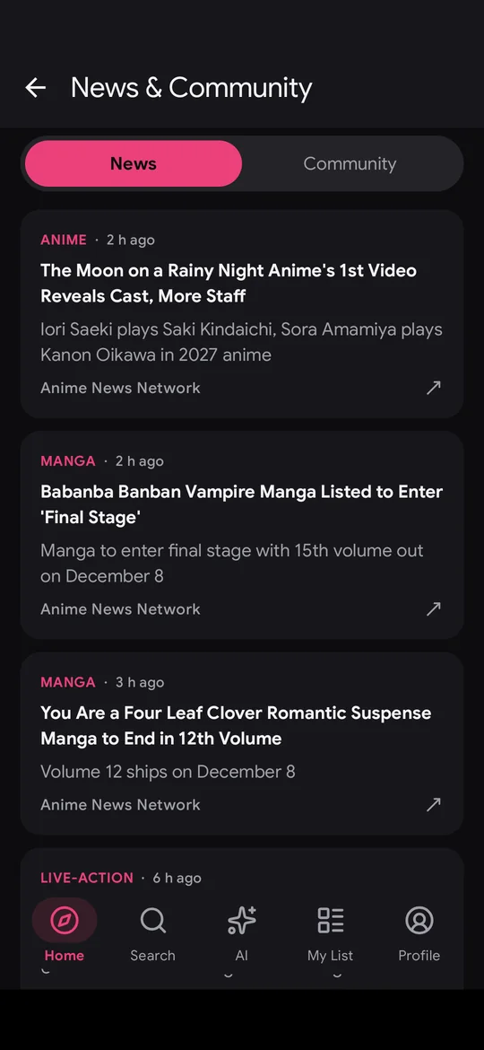 Miki's News and Community screen
